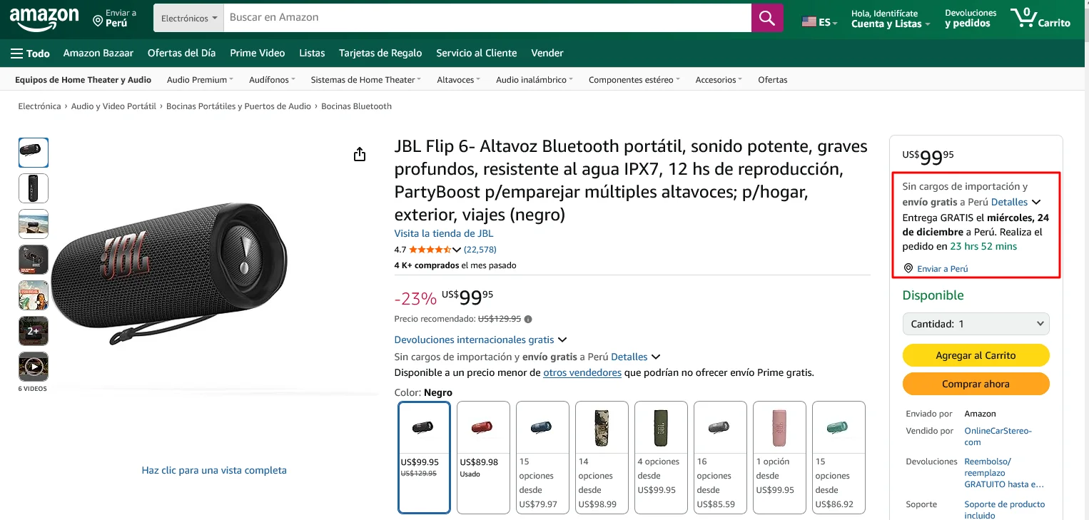 Ejemplo de envío gratis en Amazon
